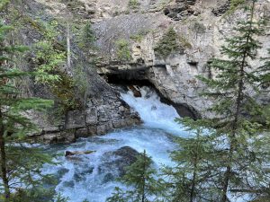 Wasser kommt aus einer der Karsthöhlen im Maligne Canyon